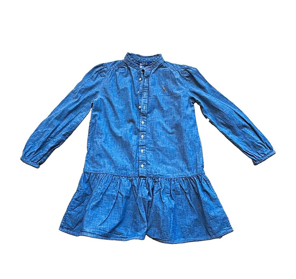 Polo Ralph Lauren Girls Blue Chambray Shirt Dress 8 Knee Button Front Ruffle